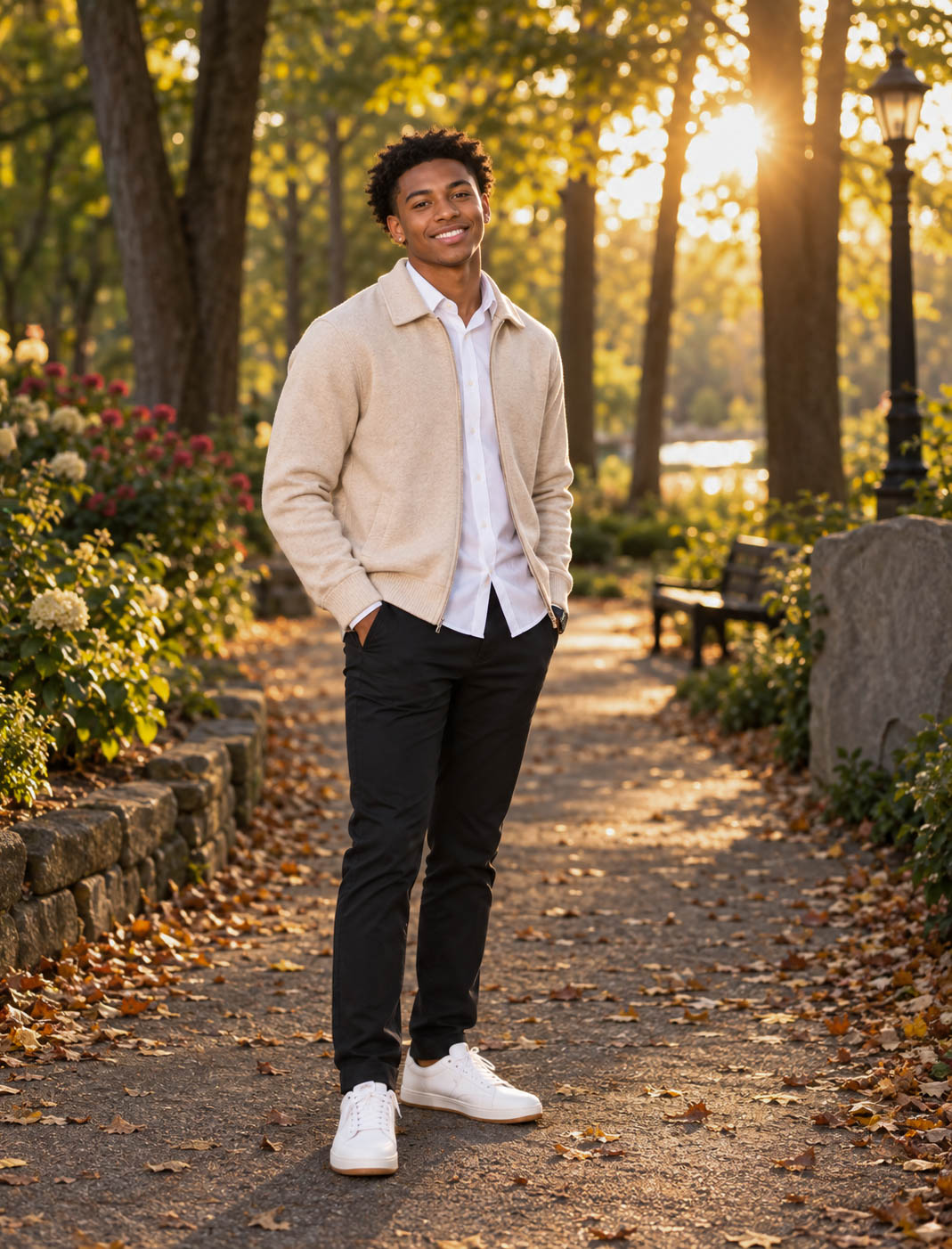 High school senior photographed on a tree-lined path in warm late light near Overland Park, Kansas