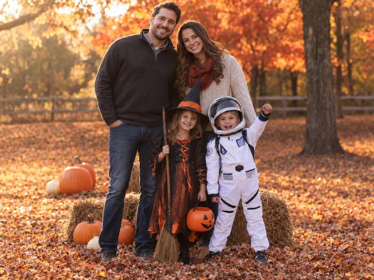 Family in fall costumes among pumpkins and autumn leaves
