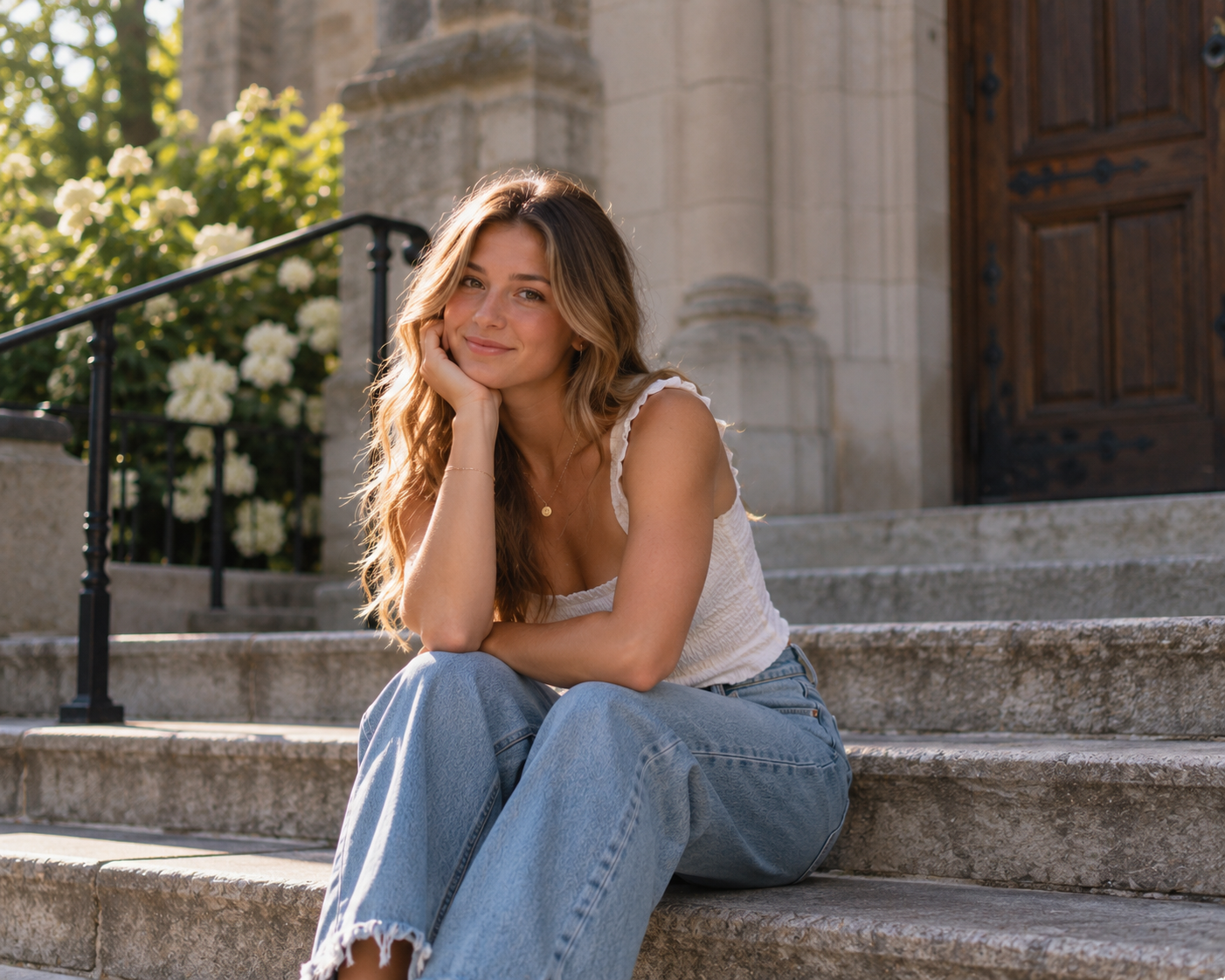 Senior portrait on stone steps in golden light