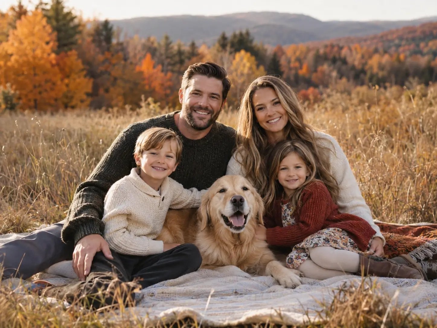 Family with their golden retriever in an autumn field