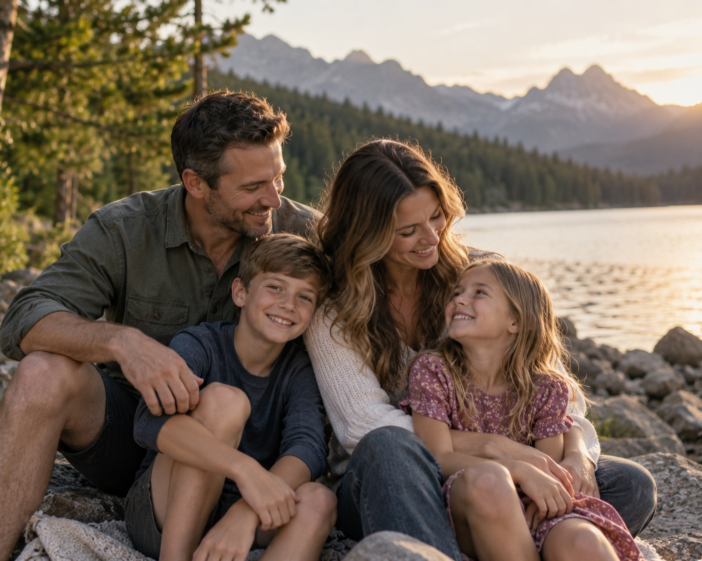 Family laughing together beside a mountain lake at sunset