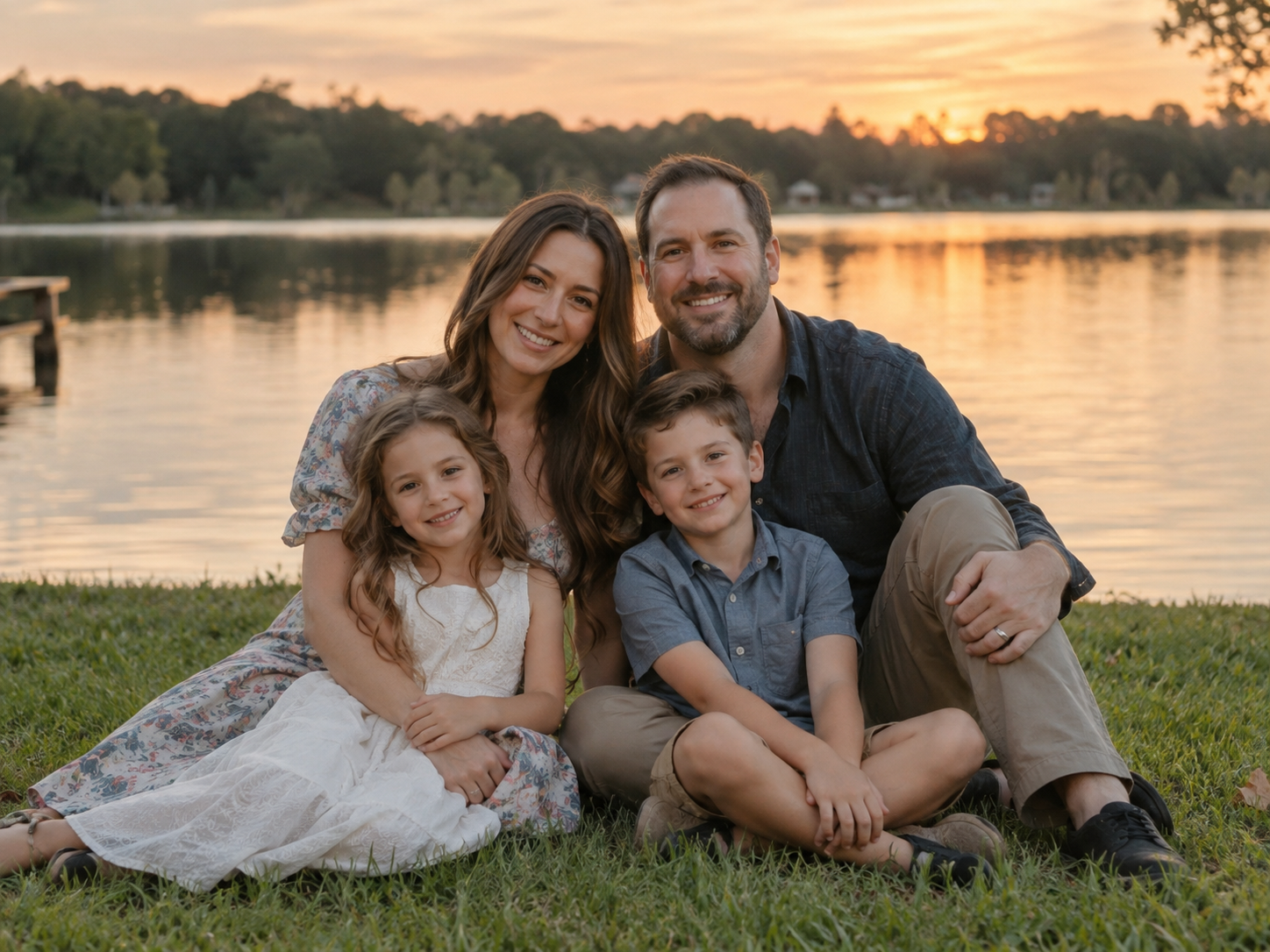 Family of four photographed beside a lake at sunset near Kansas City, grouped close in warm low light