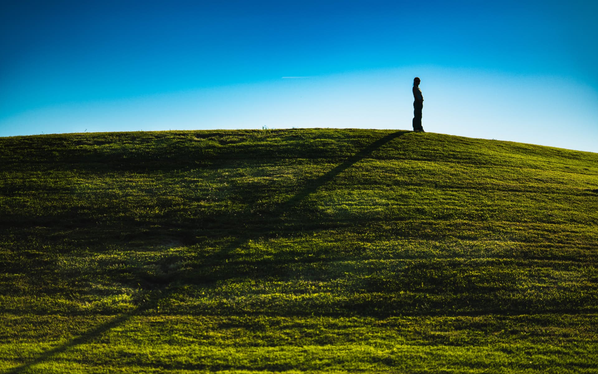 Lone figure standing on a grassy hill against a clear blue sky, a long shadow stretching down the slope