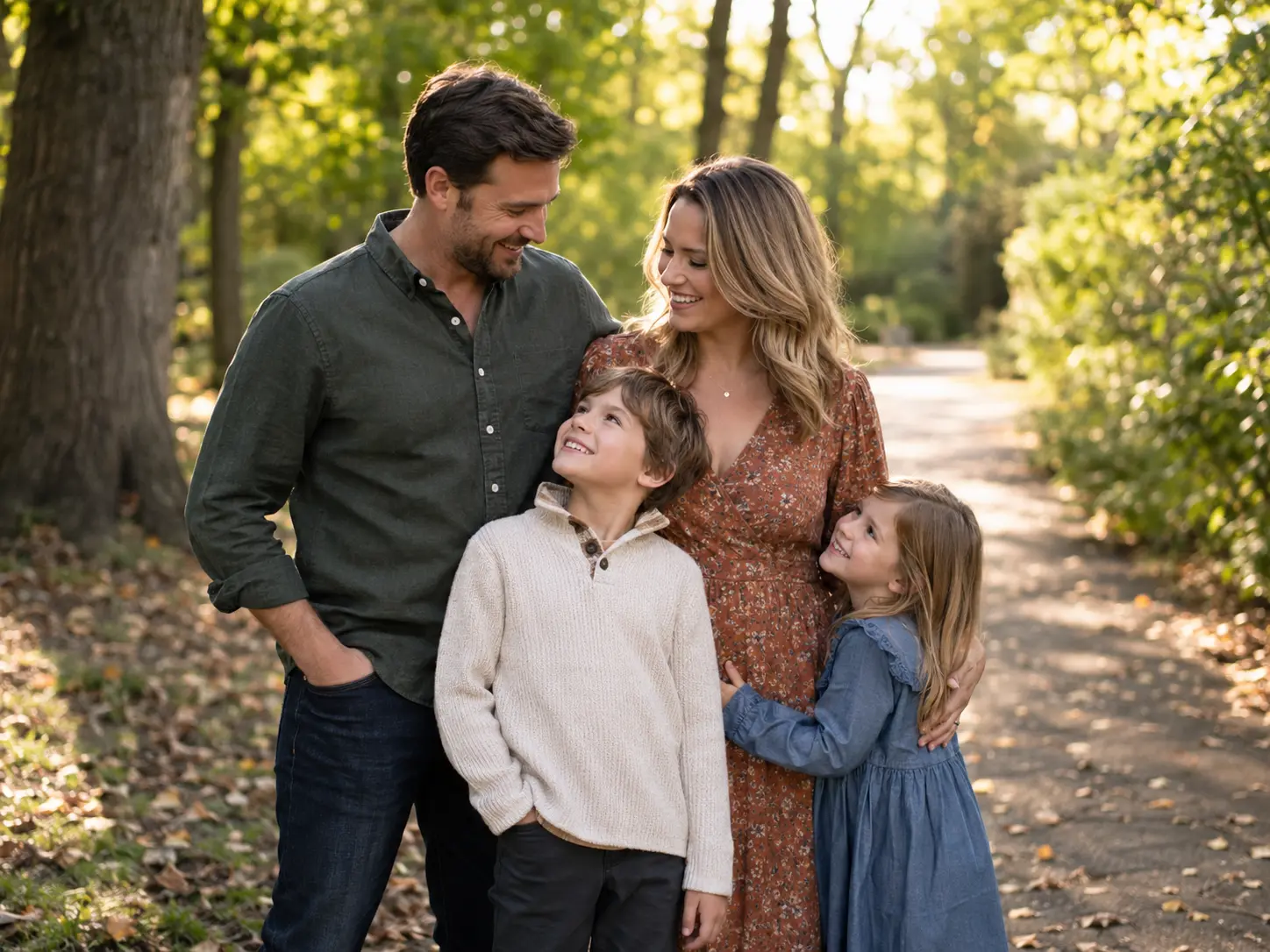 Family laughing together on a tree-lined path in soft light
