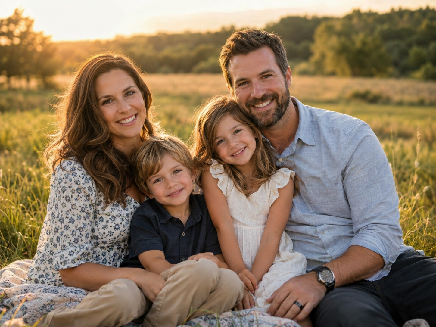 Family of four seated in tall grass at golden hour, family portrait Kansas City