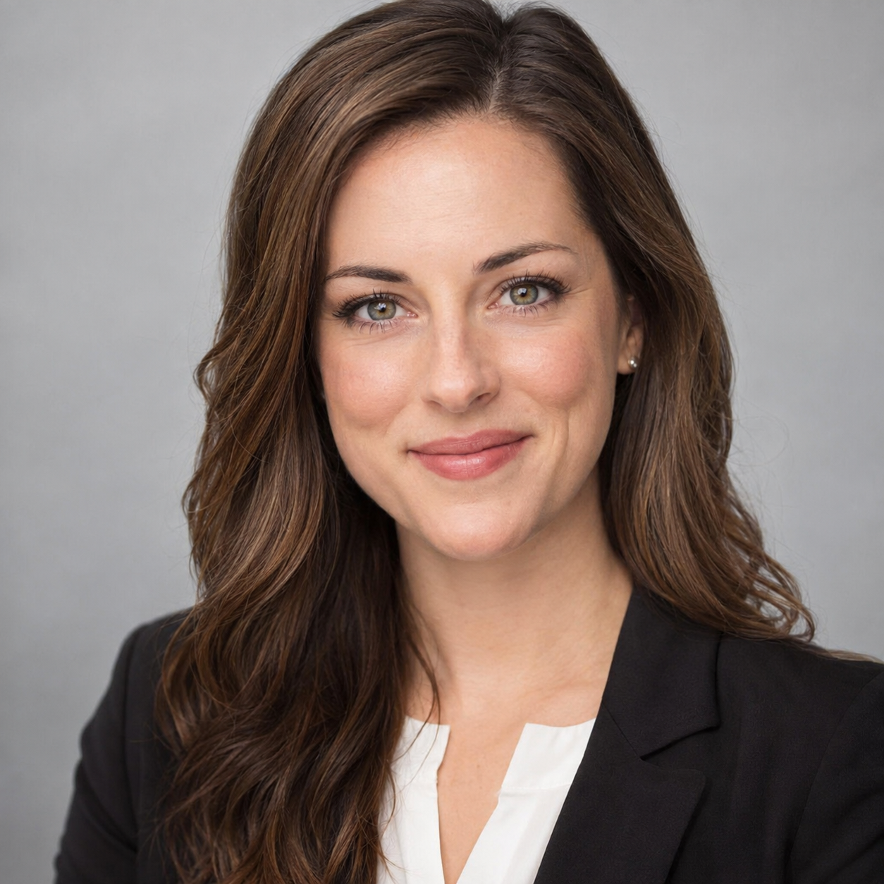 Directed professional headshot of a woman against a soft gray ground, headshots Kansas City